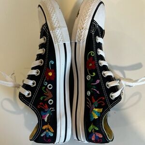 Black Embroidered Converse Low Tops with Colorful Floral Design